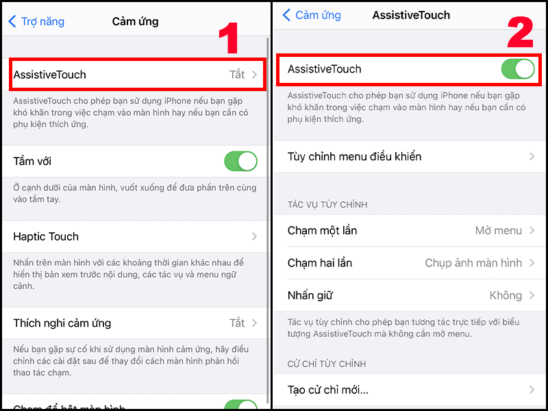 Chọn AssistiveTouch và gạt sang phải để bật